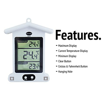 Brannan Digital White Greenhouse Thermometer – Stylish Weatherproof Max Min Thermometer to Monitor Maximum and Minimum Temperatures In a Garden Greenhouse Indoor Room Home Growroom Easily Wall Mounted