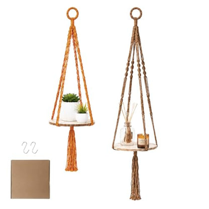 Macrame Hanging Planter with Shelf, Boho Plant Hanger for Indoor Window - color: Khaki + Orange
