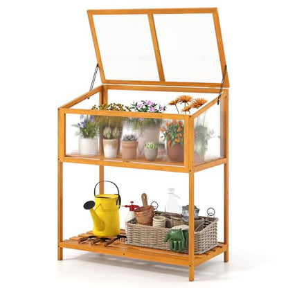 Giantex Wood Cold Frame Greenhouse, Raised Flower Planter Protection with Transparent Openable Roof & Slatted Shelf, Indoor Outdoor Hot House for Garden Balcony, 36”x20”x42” - size: 36”x20”x42”