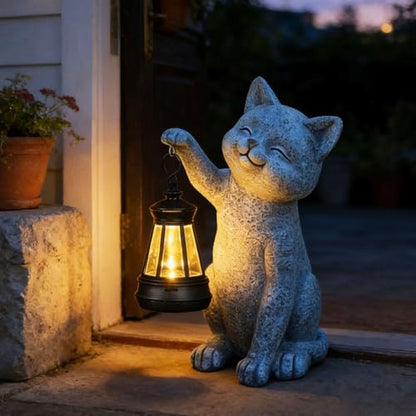 Cat Garden Statue Decorations Outdoor,Solar Resin Figurine with Hanging Lantern Outdoor Decor(cat2) - style: cat2