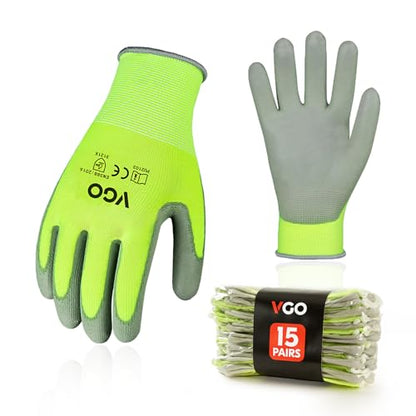 Vgo... 15Pairs PU Coated Safety Work Gloves,Gardening Gloves (PU2103,L) - color: Yellow, size: Large