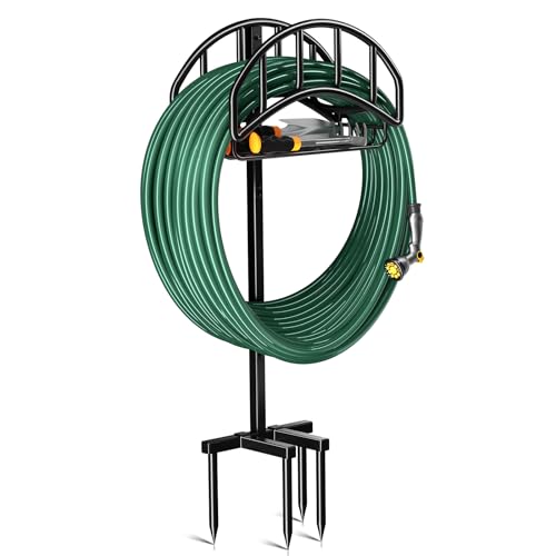 Kesfitt Garden Hose Holder Stand with Tool Storage Basket & 4 Spikes, Detachable Heavy Duty Metal Freestanding Outdoor Organizer for Lawn Yard Water Storage Rack - size: Hose Holder with Basket