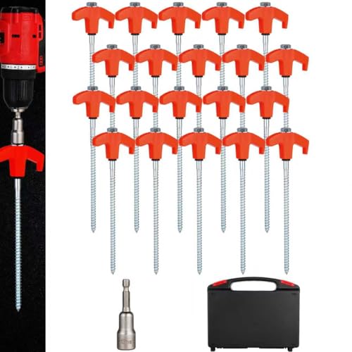 20 Pack Screw in Tent Stakes Heavy Duty,8 ’’ Ground Anchors Screw in,Metal Stakes with Hex Head Driver and Sturdy Storage Box. (20, Orange) - color: Orange