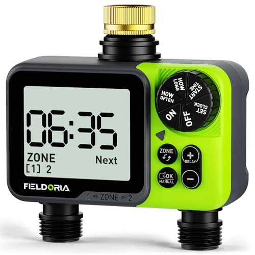 Sprinkler Timer- Hose Timer for Garden Hose, Brass Inlet Programmable Watering Timer, Rain Delay Outdoor Soaker Auto& Manual Irrigation Controller System for Yard Lawn Greenhouse, 2 Outlets - color: Green-brass