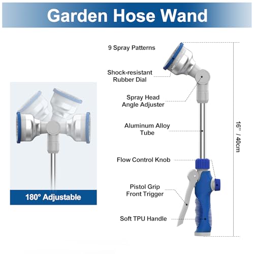 Watering Wand, 16" Aluminum Garden Hose Nozzle with 180° Rotating Ratchet Head, 9 Spray Patterns & Adjustable Flow Control - Perfect for Water Hanging Baskets and Shrubs