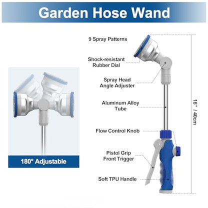 Watering Wand, 16" Aluminum Garden Hose Nozzle with 180° Rotating Ratchet Head, 9 Spray Patterns & Adjustable Flow Control - Perfect for Water Hanging Baskets and Shrubs
