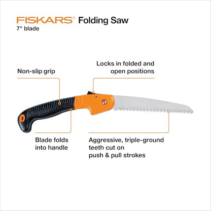 Fiskars Folding Hand Saw, 7" Pruning Saw with Power Tooth Blade with Triple Ground Teeth that Powers Through Wood Faster, Soft Grip Handle - style: 7" Folding Saw