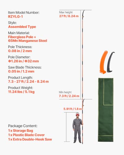 VEVOR Manual Pole Saw, 7.3-27 ft Extendable Tree Pruner, Sharp Steel Blade High Branches Trimming, Manual Branch Trimmer with Lightweight 8 Fiberglass Handles, for Pruning Palms and Shrubs