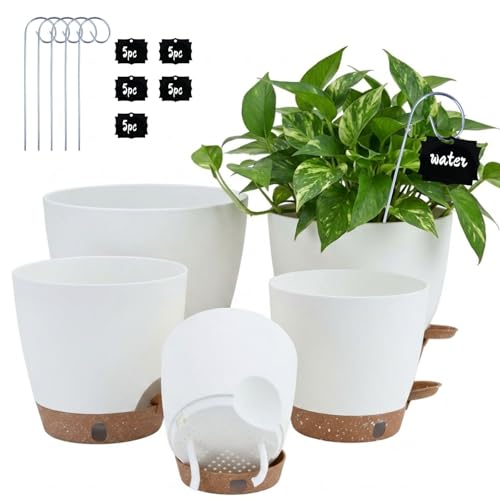 5-Pack 10/9/8/7/6.5Inch Self Watering Pots for Inoor Plants Plastic Planter - color: White, size: 6.5/7/8/9/10 Inch