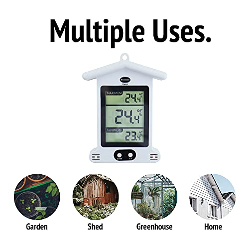 Brannan Digital White Greenhouse Thermometer – Stylish Weatherproof Max Min Thermometer to Monitor Maximum and Minimum Temperatures In a Garden Greenhouse Indoor Room Home Growroom Easily Wall Mounted