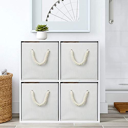 Foldable Storage Cube Bins Beige-White Bamboo Fabric Collapsible Resistant Basket Box Organizer with Cotton Rope Handle for Home Office and Nursery 10.5x10.5x11 inch