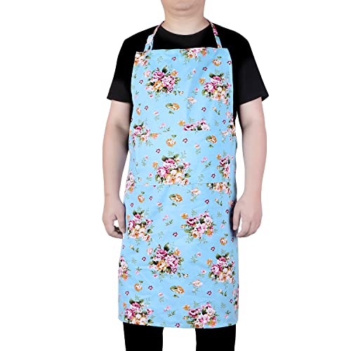 LOLOMLO Oversize Canvas Cotton Apron, Extra Large Aprons with Long Strap, Adjustable Neck Tear Resistant Plus Size aprons - color: Roses on Blue Canvas