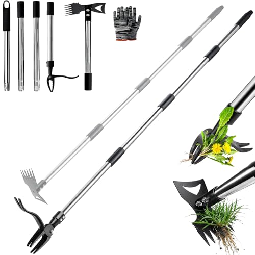 58" Stand Up Weed Puller Tool with Long Handle, 2 in 1 Manual Weeder & Garden Hoe, 4-Claw Steel Head Weed Remover with Gloves for Yard Lawn Patio Garden