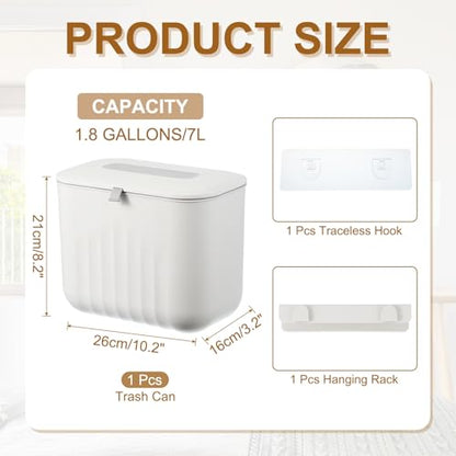 uxcell Kitchen Compost Bin Hanging Small Trash Can, 7L/1.8Gallon Plastic Trash Can with Lid, Suitable for Countertop, Under Sink or Wall Mounted, White - color: White