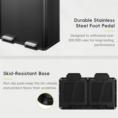 EKO EcoCasa Plus 2 x 10.6 Gal (2 x 40 L) Dual Trash Can for Kitchen, Large Stainless Steel Step-On Garbage Can, Trash and Recycle Bin Combo with Soft-Close Lids, Removable Buckets, Matte Black - color: Matte Black, size: 40L+40L