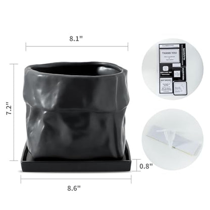 Nihow 8 Inch Ceramic Plant Pot with Drainage & Square Saucer,Black - color: Black, size: 8 Inch