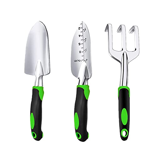 Garden Tool Set, 3 Piece Gardening Tools Includes Garden Trowel, Transplant Trowel and Hand Rake with Non-Slip Ergonomic Handle, Heavy Duty Gardening Kit for Gardening Planting, Gardening Gifts, Green - color: Green
