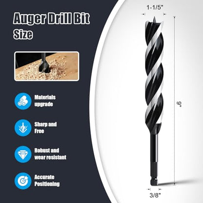 1-1/5" x 9" Auger Drill Bit for Wood,Hex Shank Tri Flute Drill Bit - size: 1-1/5"x9"