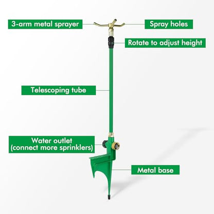 RESTMO 3-Arm Sprinklers for Yard with Adjustable Telescoping Base