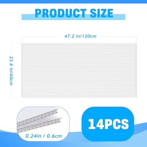 14 Pack Polycarbonate Greenhouse Panels, 4' x 2' x 0.24" Twin-Wall Panels - size: 14 PCS 4' x 2' x 0.24"