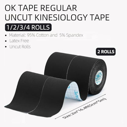 OK TAPE Kinesiology Tape (2 Pack) Latex Free Cotton Uncut 2in x 16.4ft - color: Black, size: 2 Rolls