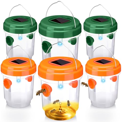 6 Pack Wasp Trap Solar Powered Bee Trap Reusable Fly Traps Outdoor Hanging Wasp Killer with UV LED Light Flying Insect Bee Killer for Indoor Outside Patio Home(Orange, Green,6 Packs) - color: Orange, Green