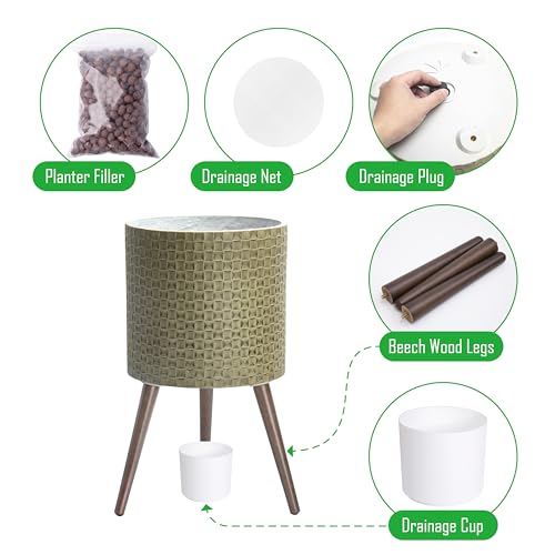 D'vine Dev Planter Pot with Wood Stand, 14 in, Distressed Olive, 88-Z-D-4 - color: Distressed Olive, size: X-Large