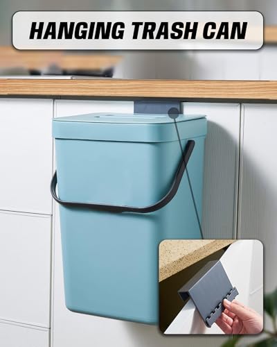 3.2 Gallons Kitchen Compost Bin, Hanging Trash Can with Lid 12L/Blue - color: BLUE, size: 12 L / 3.2 Gal - Lid