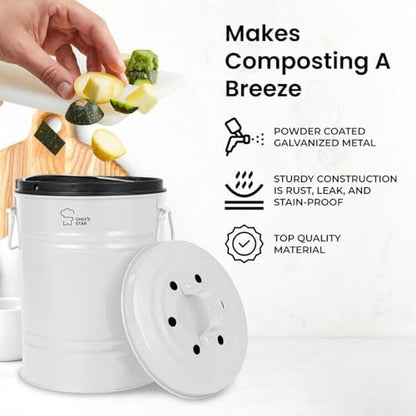 Chef's Star Countertop Compost Bin, Indoor Compost Bin, Small Composter, White, 0.8 Gallon, Metal - color: White