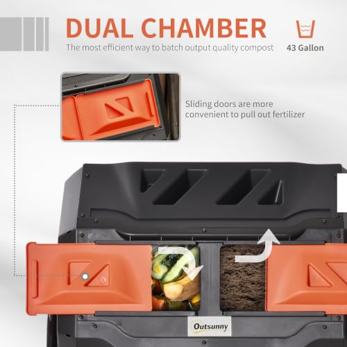 Outsunny Tumbling Compost Bin 360° Dual Chamber 43 Gallon, Orange - color: Orange