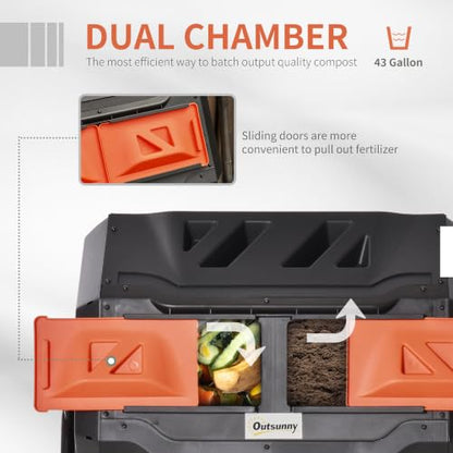 Outsunny Tumbling Compost Bin 360° Dual Chamber 43 Gallon, Orange - color: Orange