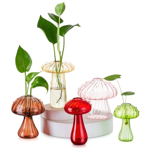 Hewory Plant Propagation Stations: 5PCS Colored Glass Mushroom Vase Jars - color: Colorful-5pcs