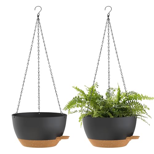 10 Inch Hanging Baskets 2 PC with Chains, Self-Watering Hanging Planters for Indoor Outdoor Plants, Plastic Hanging Flower Pots,Black Brown - color: Black Brown, size: 10 inch