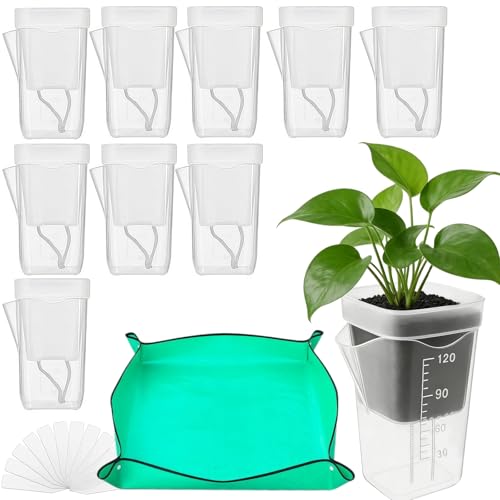 10 Pack 2" Mini Self Watering Pots for Indoor Plants, Clear Plastic Nursery Pots with Drainage Holes for Succulents, Cuttings, Herbs, Includes 50x50cm Gardening Mat