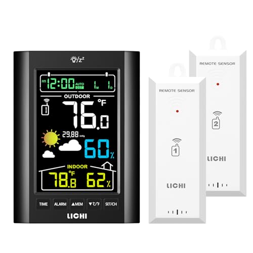 Weather Station Wireless Indoor Outdoor Thermometer， Inside Outside Temperature Humidity Monitor，with 330ft Range Sensor and Adjustable Backlight (Black with 2 Sensor) - color: Black with 2 sensor