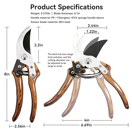 Bypass Pruning Shears with 5/8-Inch Cut Capacity, Sharp SK5 Blade Garden Pruners for Flowers, Shrubs & Branches - style: Wood Grain