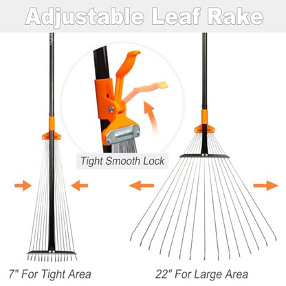 Leaf Rake for Lawns, Adjustable Garden Rake for Leaves with Long Handle, 61 Inches
