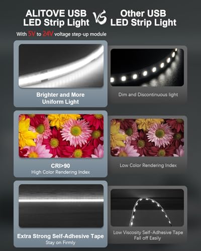ALITOVE USB LED Strip Light 5V 6000K White COB LED Lights with Remote - color: 6000K Cold White, size: 16.4FT