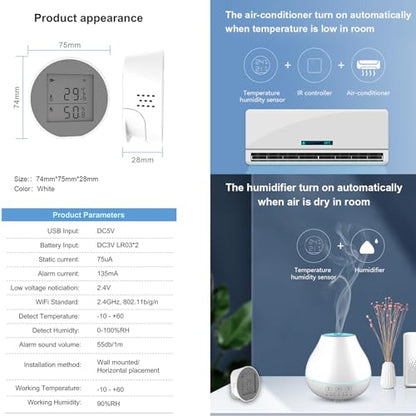 Wengart WiFi Temperature Humidity Sensor WSD400H,2.4GHz Tuya App,Indoor LCD Thermometer Hygrometer,Compatible with Alexa,Google Assistant