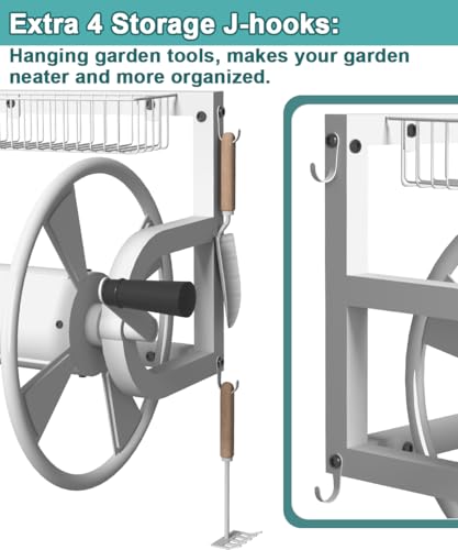 Artigarden Outdoor Wall Mounted Hose Reel with Hook, Garden Heavy-Duty Water Hose Holder Winder with 3.9 ft Leader Hose, Brass Fitting and Storage Basket for Yard, Holds 125 Ft of 5/8-Inch Hose, White - color: White