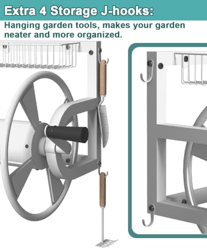 Artigarden Outdoor Wall Mounted Hose Reel with Hook, Garden Heavy-Duty Water Hose Holder Winder with 3.9 ft Leader Hose, Brass Fitting and Storage Basket for Yard, Holds 125 Ft of 5/8-Inch Hose, White - color: White