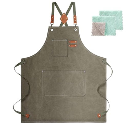 ZOMAO Cotton Canvas Cross Back Apron for Men and Women,Chef Apron With Adjustable Strap and Large Pockets,Kitchen Cooking Baking Bib Heavy Duty Work Apron - color: Grey Green