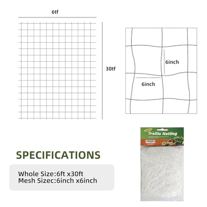 Heavy Duty Garden Trellis Netting, 6 x 30 ft, White, Rectangular, Reusable, Supports Vine Vegetables Fruits Flowers, Ideal for Vertical Horizontal Gardening - size: 6x30ft - 2 Pack
