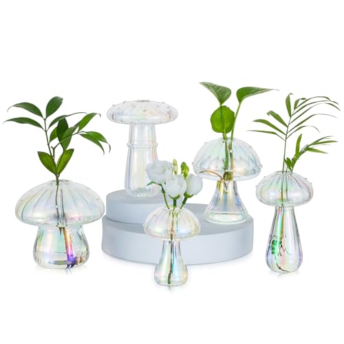 Glasseam Mushroom Propagation Stations for Plants: Iridescent Propagation Vase of 5 Glass Hydroponic Jars for Home Room Window Table - Unique Mushroom Decor Gifts for Plant Lovers - color: Iridescent, size: 5Pcs