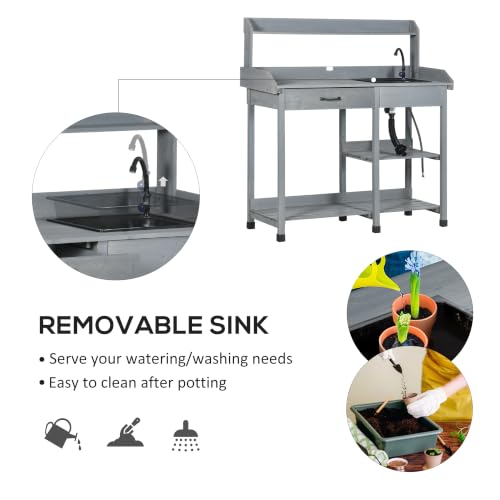 Outsunny Potting Bench Table with Removable Sink, Faucet, Gray