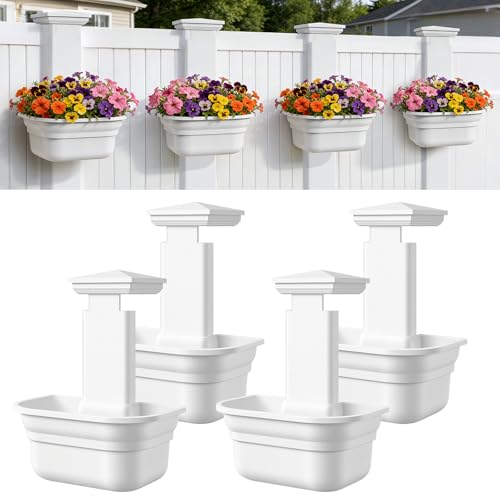 Hanging Planters for Outdoor Plants - Fence Hanging Planters for PVC Fence, Plant Hangers Hanging Plant Flower Pots White with Post Caps for Garden Yard Decor, Easy Install - 4 Pack