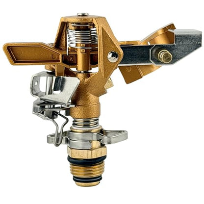 Brass Impact Sprinkler Head, 1/2” Male Pipe Thread – Adjustable 20°–360° Arc, 25–41 Ft Coverage – Heavy-Duty All-Brass Construction for Lawn Irrigation, Long-Range Watering & Durability