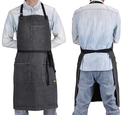 Black Denim Apron with Pockets & Towel Loop for Men Women - color: Black Denim -2