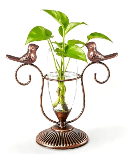 Hydroponic Plant Vases, Plant Terrarium, Plant Propagation Station Metal Vintage Style Desktop Decor Gifts for Plant Lovers (Copper Bird, 8.26"×7.9") - color: Copper Bird, size: 8.26"×7.9"