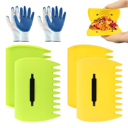2 Set Leaf Scoops Hand Rake, Leaf Scoops and Claws with 2 Pairs Gloves, Lightweight Plastic Hand Held Rakes Yard Scoop for Picking up Leaves Garden Rubbish Yard Waste